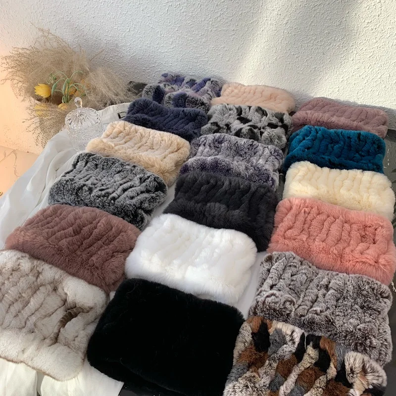 Women Real Fur Handmade Stretch Fur Scarf Knit Genuine Rex Rabbit Fur Headbands Girls Natural Fur Ring Cowl Snood Scarves Winter