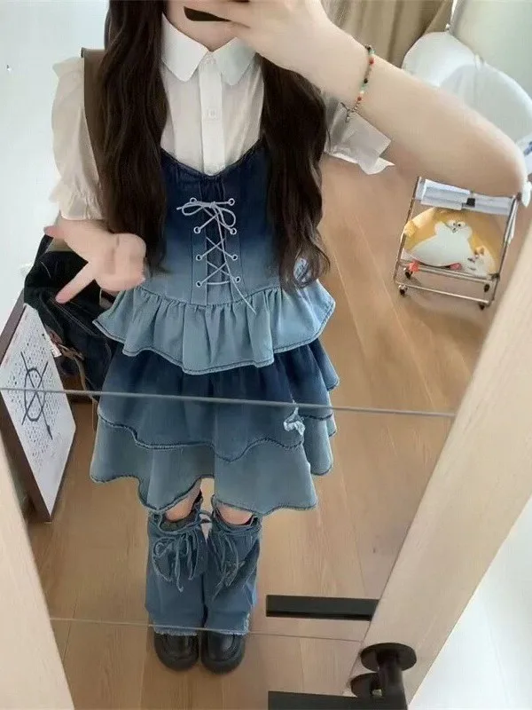 여름 슬리밍 블루 그라데이션 데님 홀터넥 드레스 여성 패션 세트 숏 퍼프 스커트 투피스 세트 통기성 좋은 면 혼방