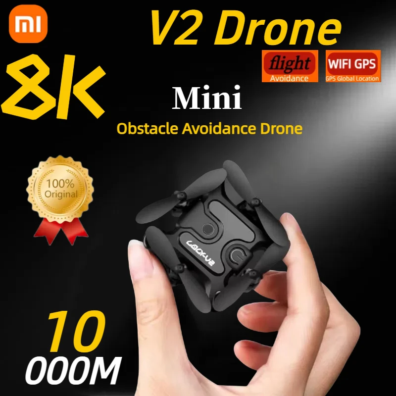 샤오미 V2 미니 드론 HD 카메라, 8K FPV RC 드론, 전문가용 RTF 쿼드콥터, 접이식 5 면 장애물 회피 드론, 와이파이 10km 