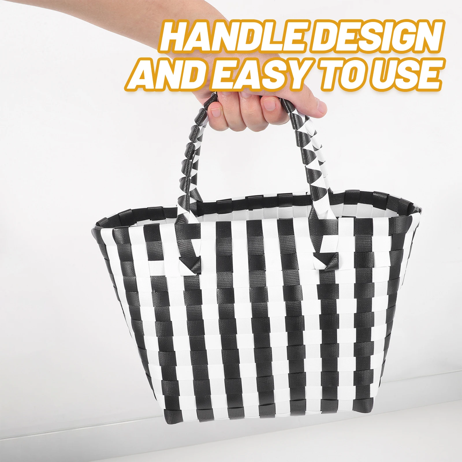

H made Woven Basket Black White Grid M Size Portable H Fruit Storage Grocery Container Plastic Baskets Small Square Bag