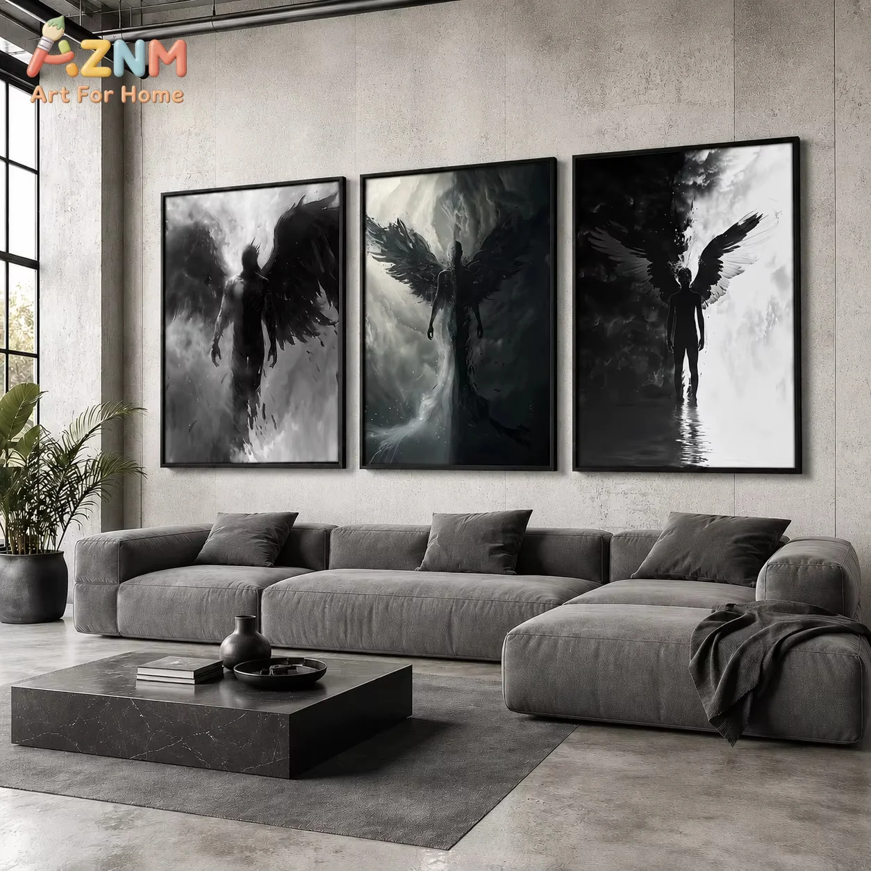 AZNM Abstract Wall Art Black and White Beautiful Dark Angel Canvas Painting Modern Style Poster Prints Living Room Wall Decor