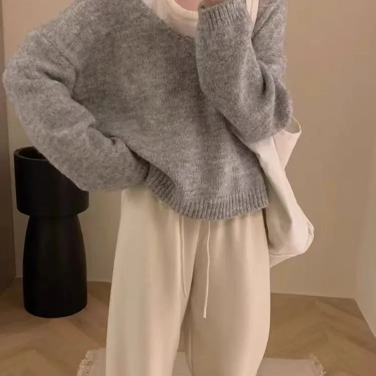 Ensemble pull tricoté ample à col en v pour femmes, automne hiver, ensemble deux pièces polyvalent et confortable