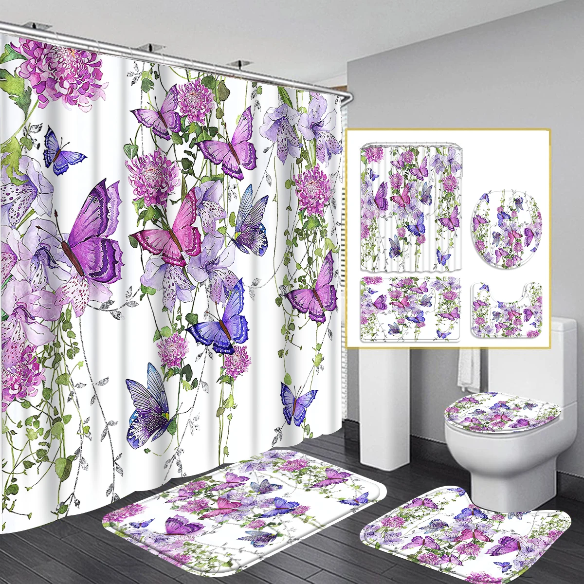 1/4 piece butterfly simple pattern waterproof shower curtain or waterproof non-slip shower curtain set, 12 free hooks