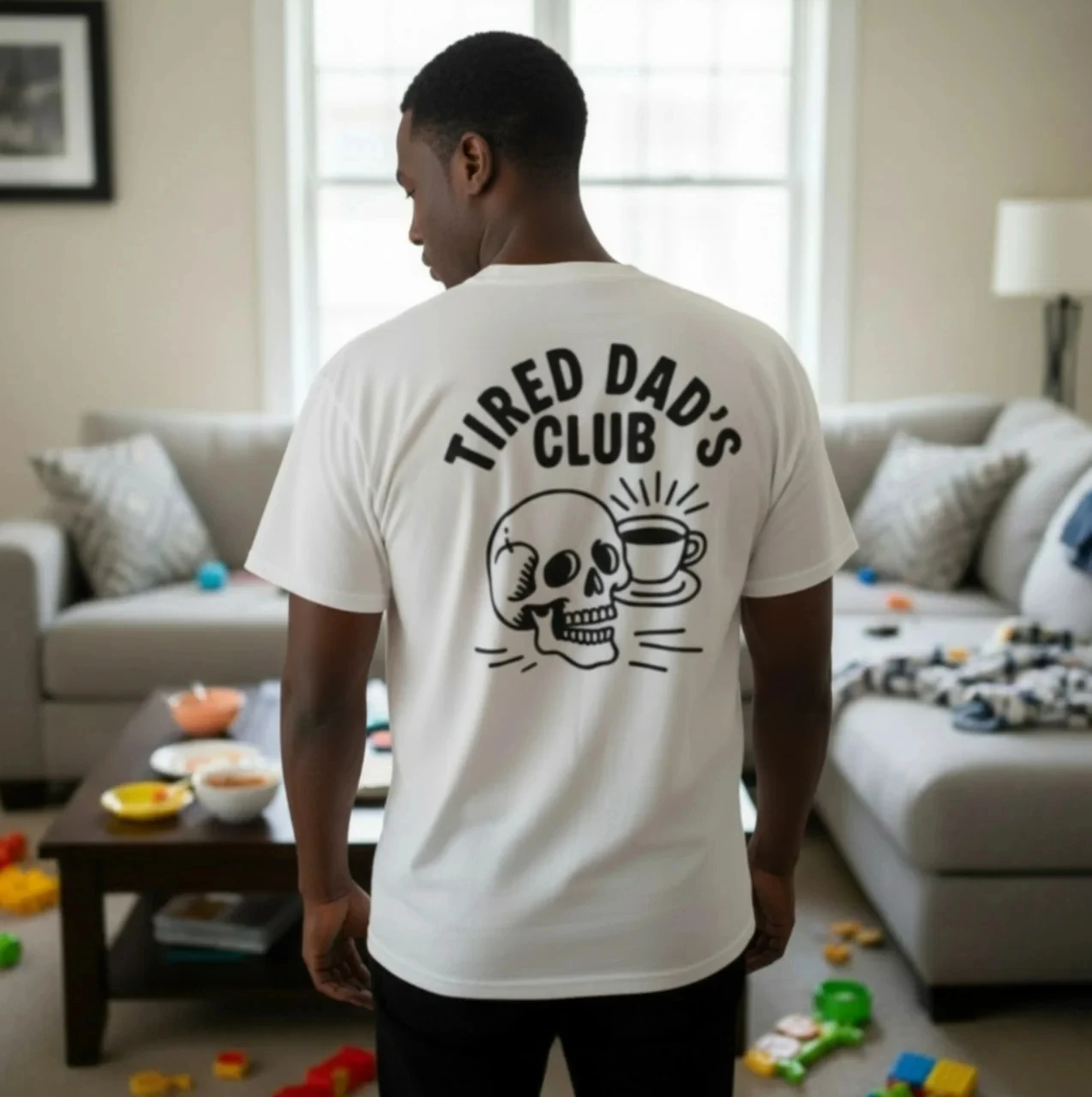 Tired Dad's Club Men T‑Shirt Back Print Skull Coffee Graphic Short Sleeve Casual Streetwear Father Gift Tops Family Matching Tee