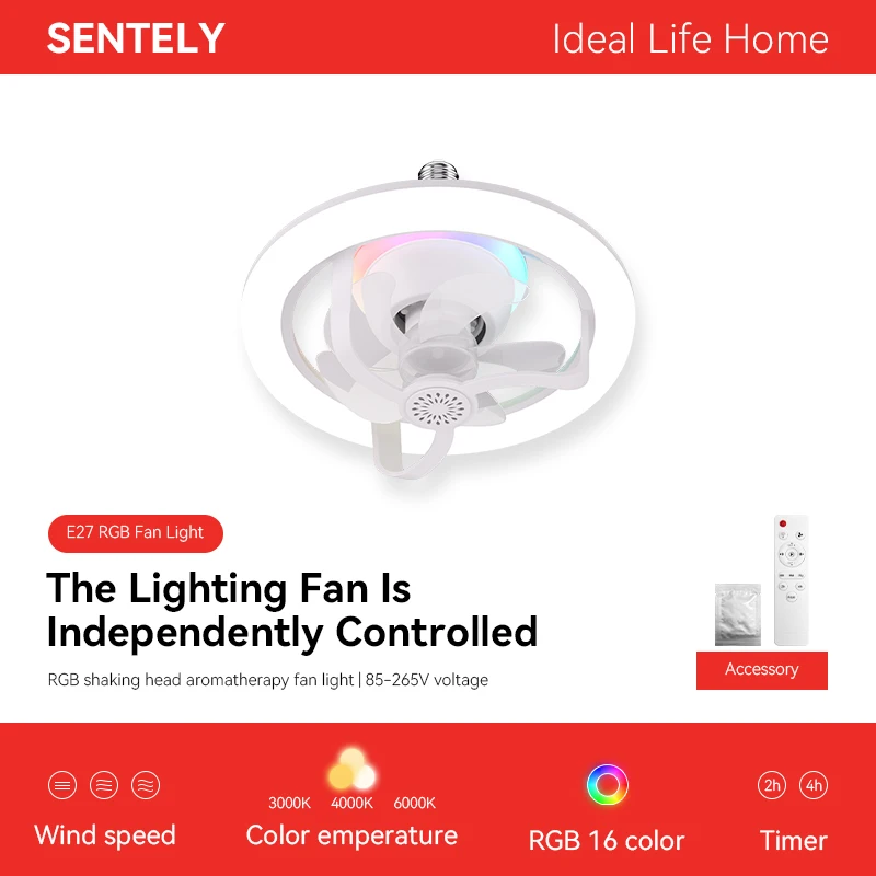 Socket Fan Light E27 Ceiling Fan with Light Dimmable Remote 360° Rotation with RGB Mode 3 Speeds Fan for Bedroom Dining Room