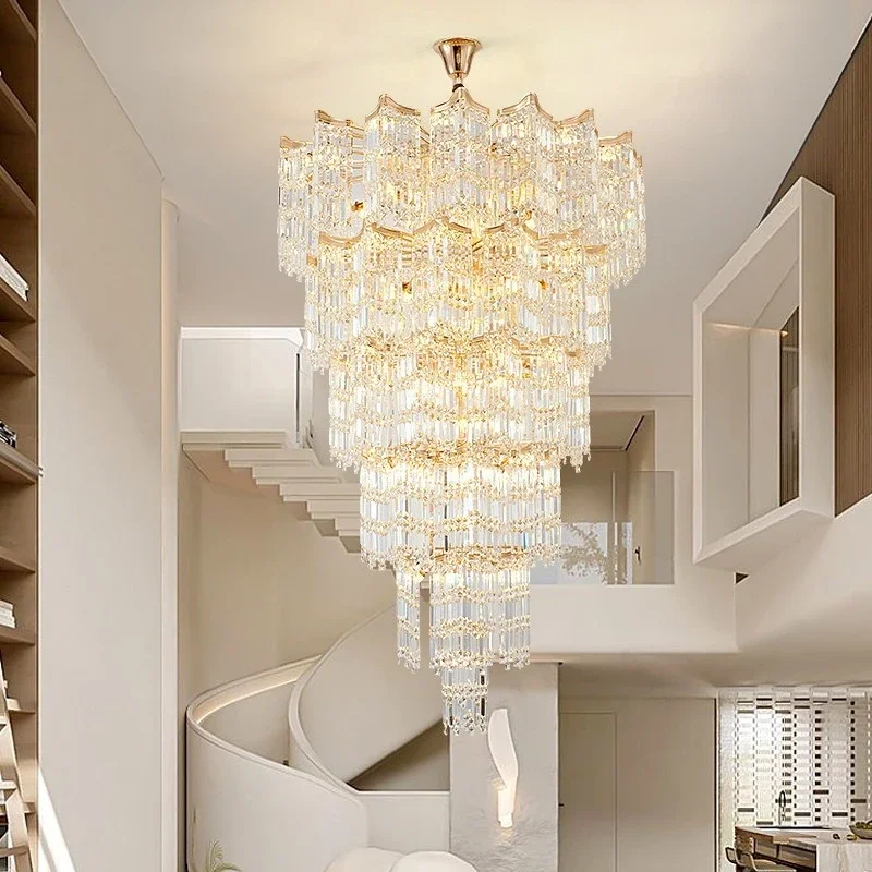 Modern Luxury Stairs Large Crystal Chandeliers Hanging Lamp Villa Hotel Lobby Loft Living Room Decor Rotating Long Pendant Light