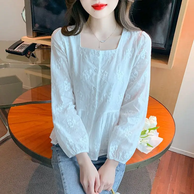 Spring Autumn New Solid Color Shirt Women Square Neck Fashion Long Sleeve Button Patchwork Cardigan High Street Embroidered Tops