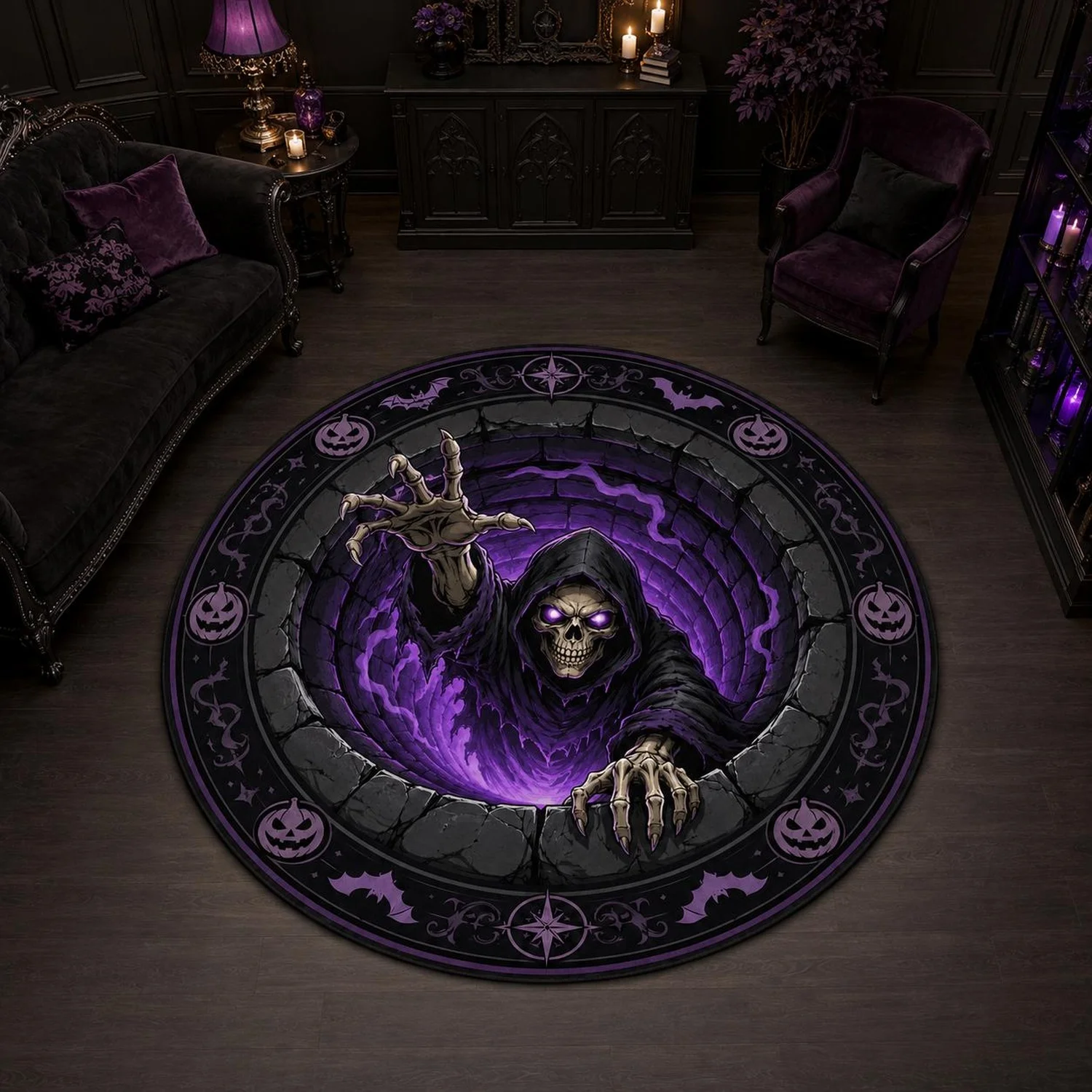Grim Reaper Skull Round Rug, Purple Gothic Carpet, Halloween Decoration