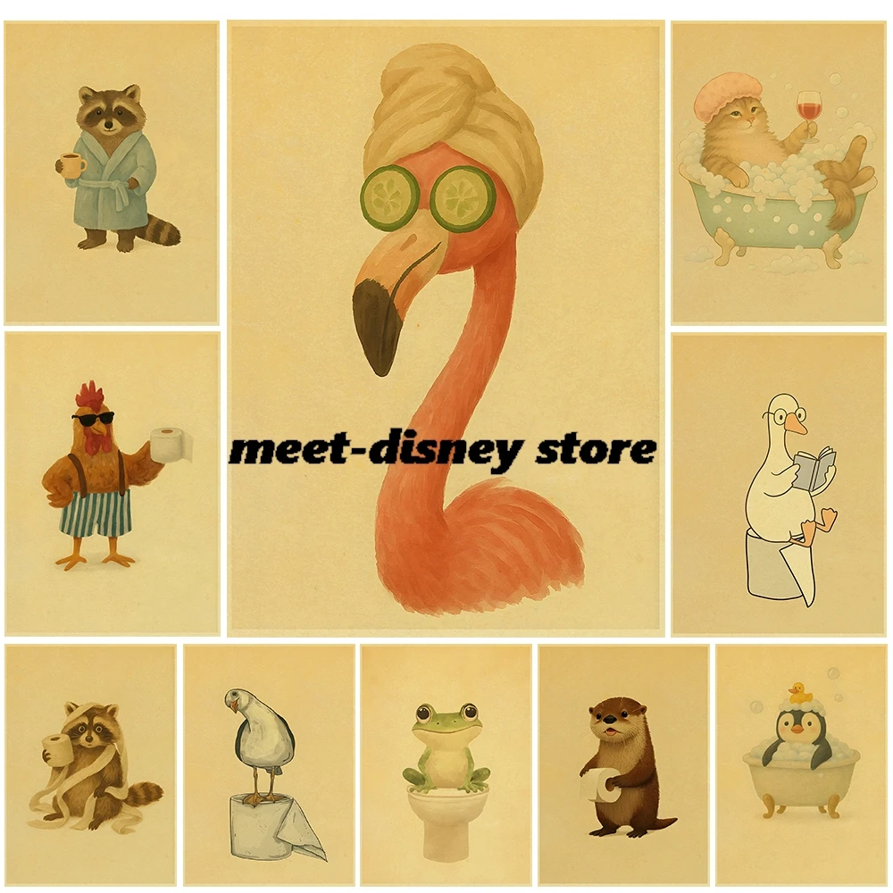 Kraft Paper Print Posters Cute Animal Bubble Bath Landscape Paintings Wall Living Canvas Coffee Home Decoration Casual Poster
