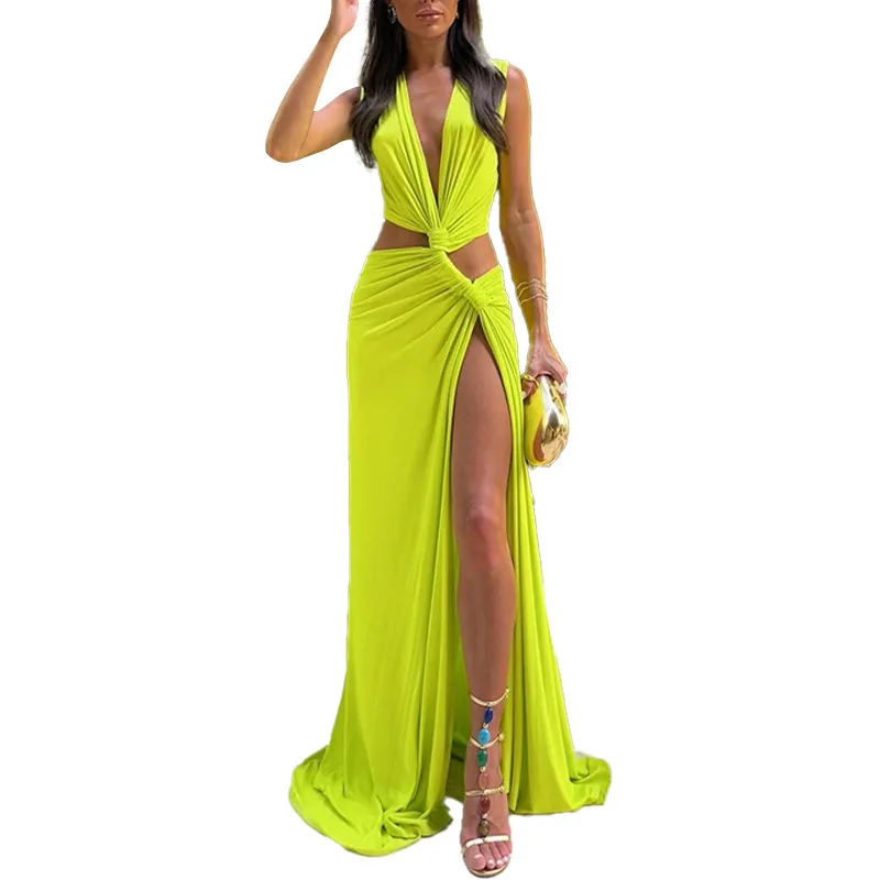 New Summer Elegant Women Sexy Deep V Cut Out Slit Maxi Dress Fashion Casual Sleeveless Waist Hollow Out Outfits Lady Long Dress