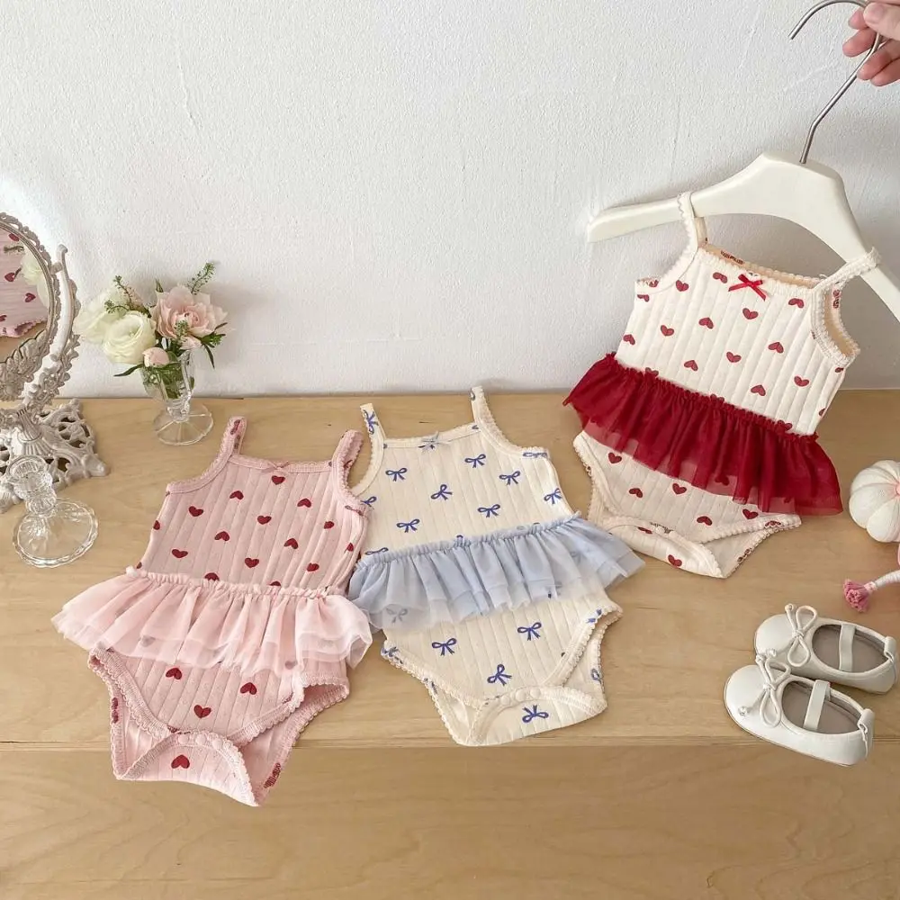 Cute Sweet Summer Girl Onesies Cotton Simple Comfortable Suspender Bodysuit Butterfly and Heart Print Mesh Skirt Bodysuit