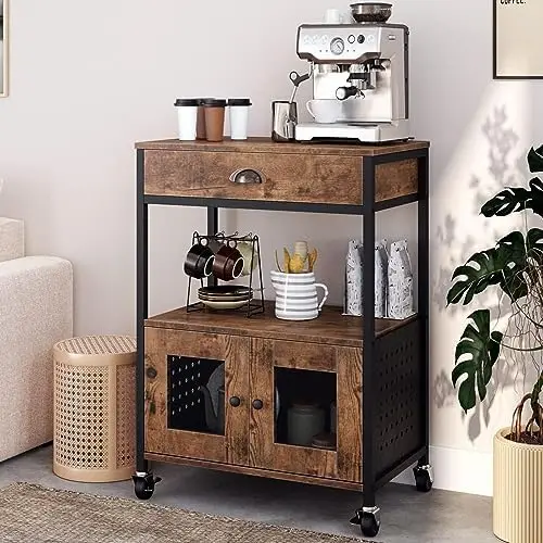 

Coffee Cart with , Coffee Cabinet on Wheels, Small Microwave Cart with Drawer for Kitchen, Living Room, Rustic Brown Round tray