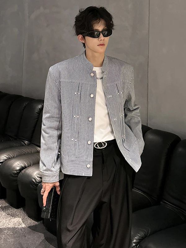 

Ele Pearl Stripe Stand Collar Jaet Men's Casual Loose New Chinese Sle Zhongan Coat Autumn Trendy Haome Loose Fit