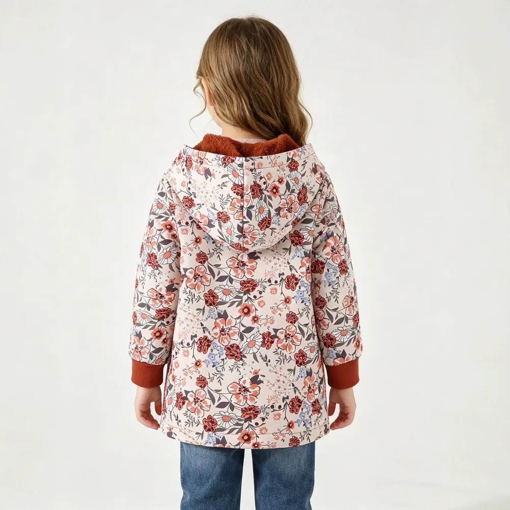 Autumn Winter Fashion Hooded Jacket Little Girls All Over Floral Print Fleece Lined Thickened Casual Outerwear For Daily Outdoor