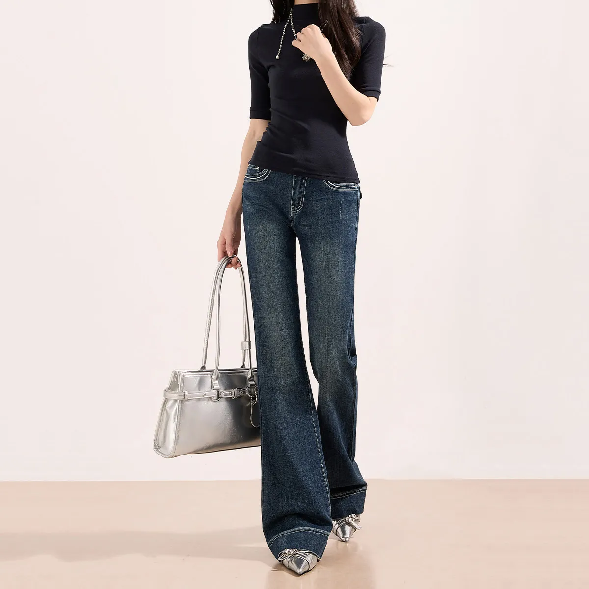Deep Blue Low Waist Slimming Lazy Style Women's Bell Bottom Jeans Cotton Stretch Denim mid Rise Fall Fashion Trend