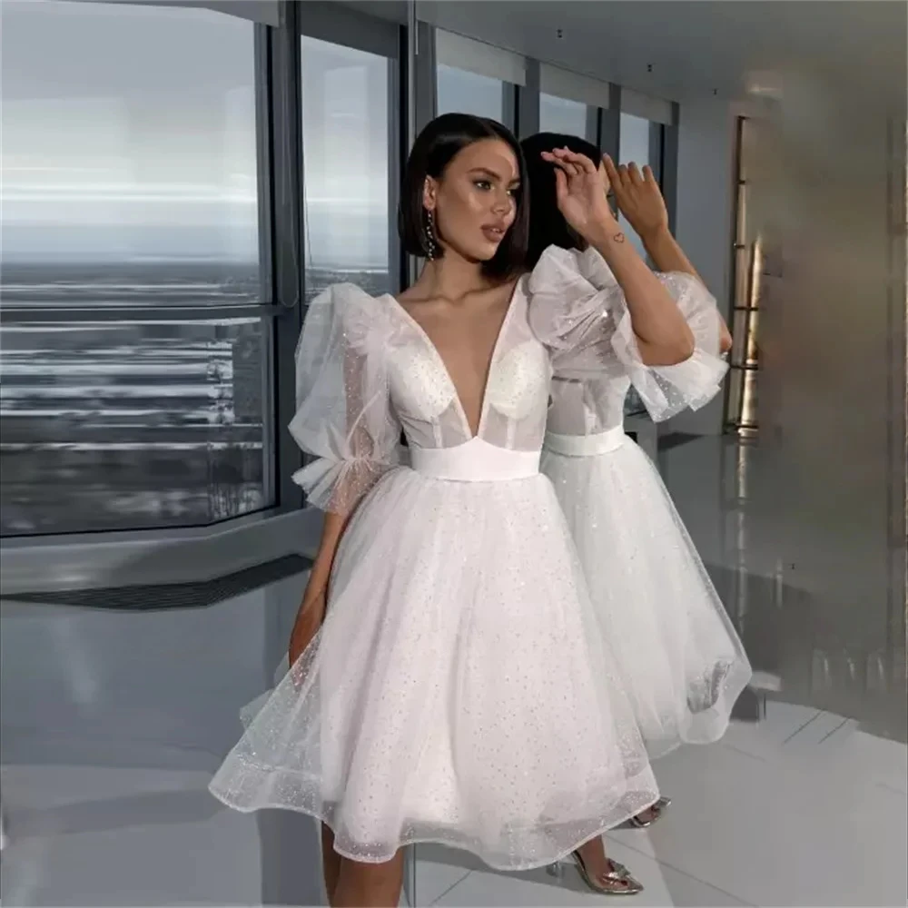 Customizable Modern Exquisite Deep V Puff Short Sleeve Sparkly Tulle A-Line Natural Waist Mini Knee Length Bridal Gown