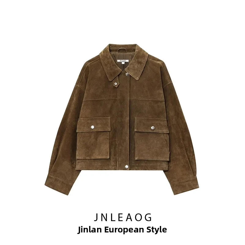 

JNLEAOG женское кожаное пальто-пилот, осеннее новое пальто с ветровым дизайном, свободная посадка из полиэфирного волокна, 00% обычная длина
