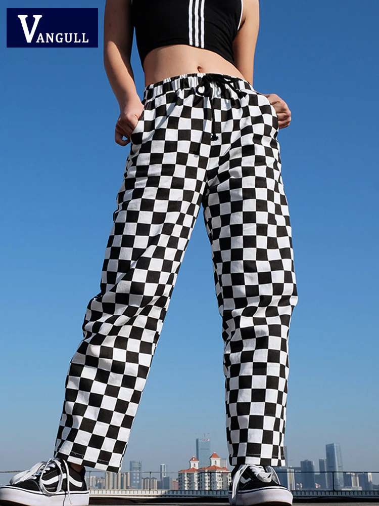 

Vangull Casual Black White Plaid Pants Womens High Waist Checkered Straight Loose Pants Female Elastic Waist Trousers Sweatpants