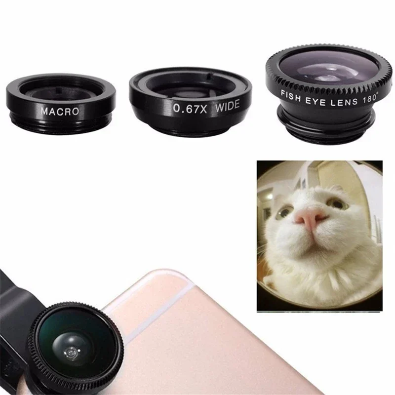 Lente de cámara Micro gran angular ojo de pez 3 en 1 para iPhone Xiaomi Redmi lente de ojo de pez con Zoom 3 en 1 para teléfonos inteligentes con Clip para teléfono