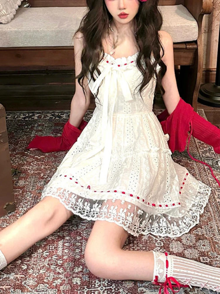 

France Sweet Fairy Hollow Out New Dress Women Elegant A-line Strap Summer Dresses Female Sleeveless Fashion Bow Lace Slim Dress