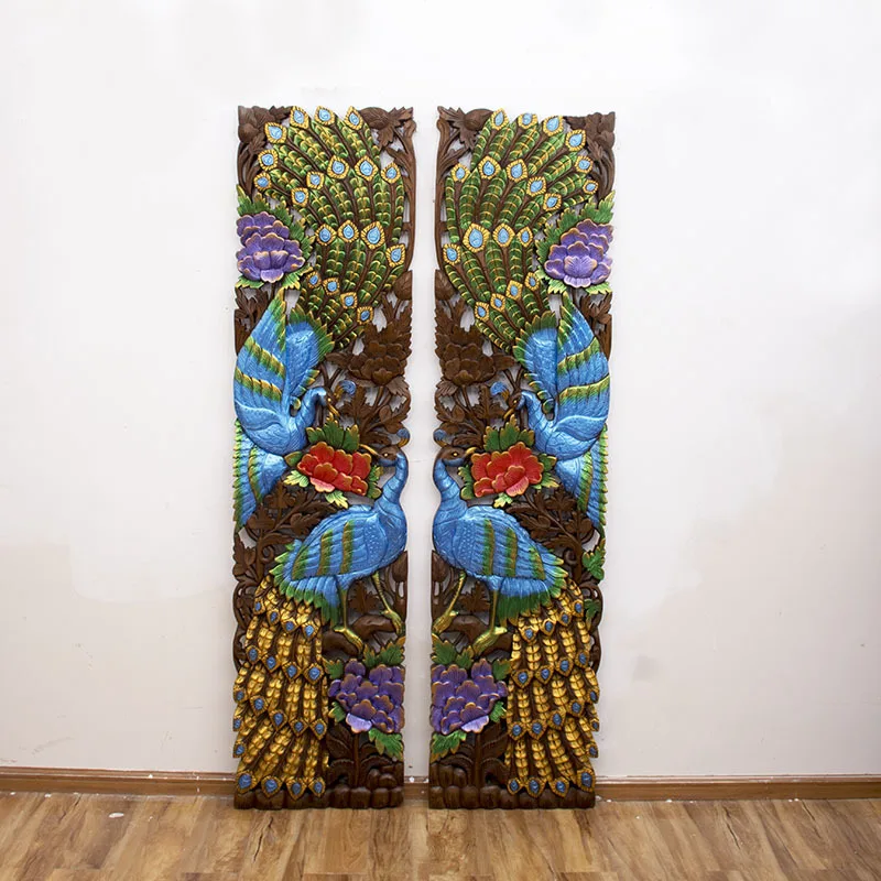Wood carving wall pendant Solid wood carving peacock TV background wall decorative lattice porch screen partition