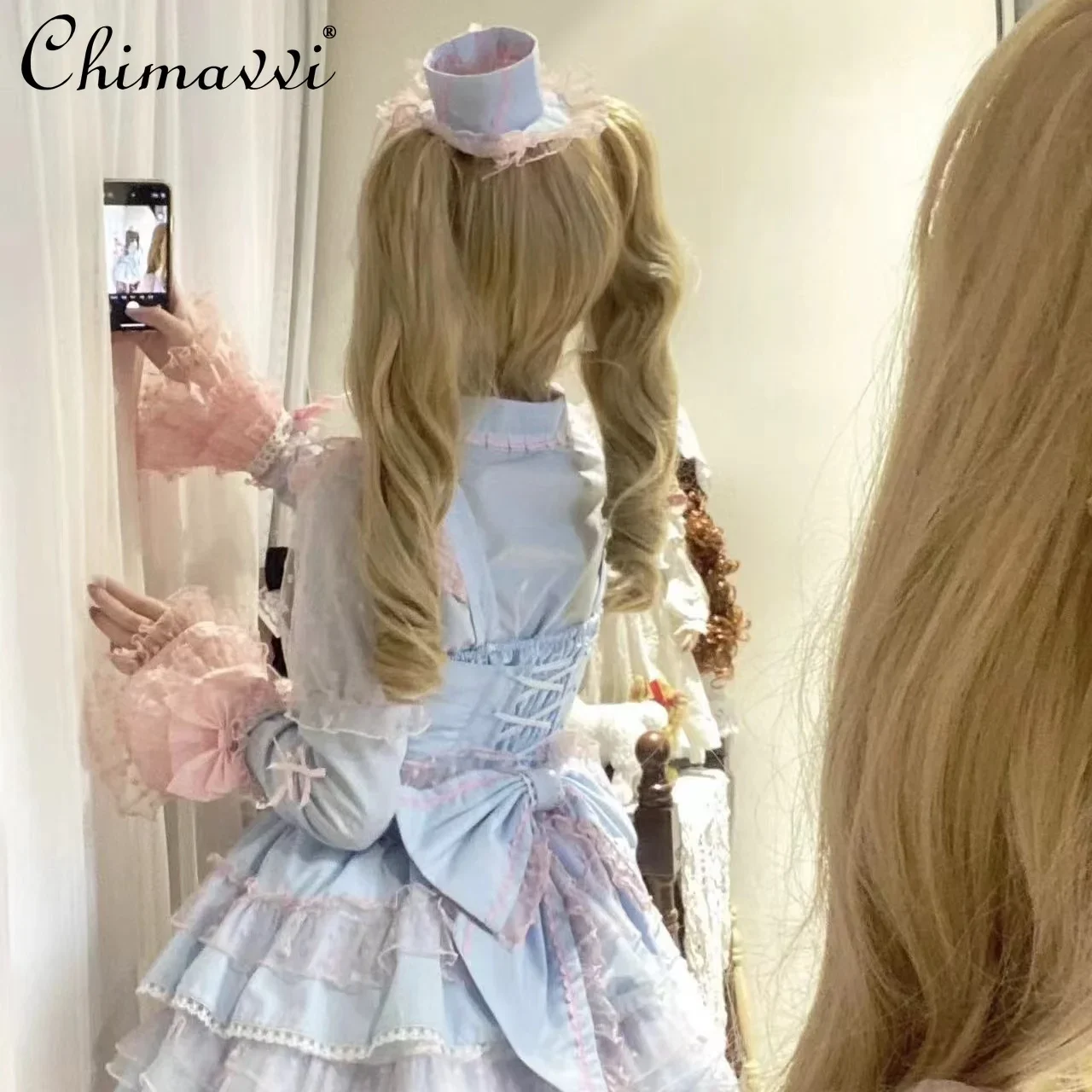 Lolita-Robe Courte en Dentelle de Style Girly pour Femme, Tenue de Princesse, Douce et Mignonne, Bleu, Rose, Dopamine, Couture, Taille Haute, Été, Nouveau