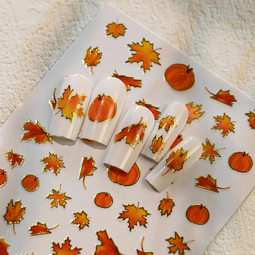 Juego de 6 hojas de pegatinas 3D de hoja de arce para uñas, autoadhesivas, hoja de otoño, Ginkgo Biloba, calabaza, calcomanías para decoración de uñas, pegatinas de láminas Y2K