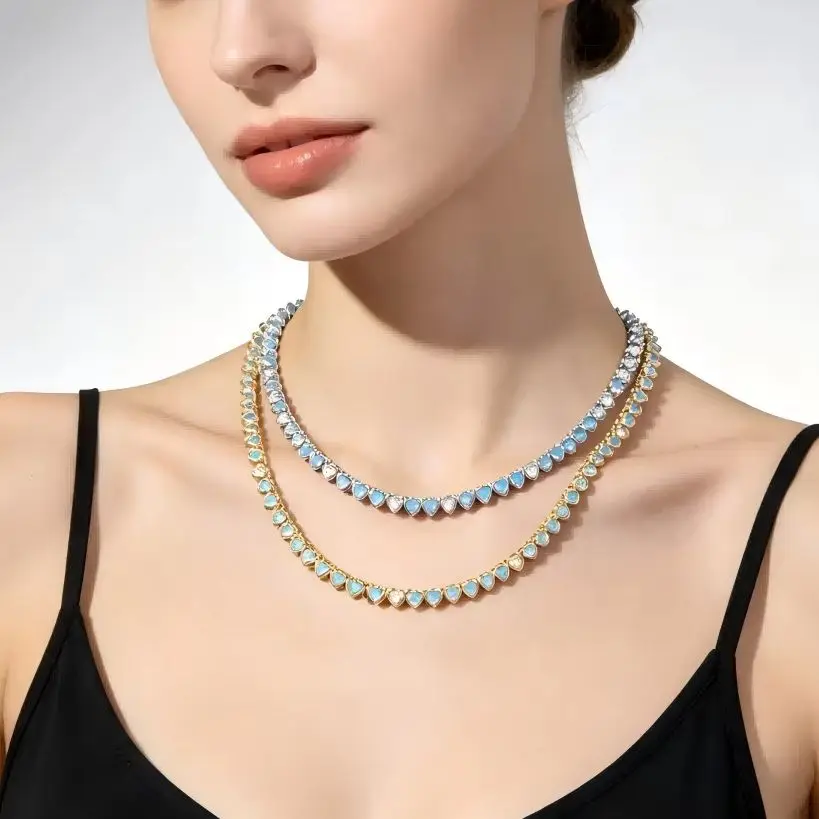 16 Inches Luxury Heart Turquoise Cubic Zirconia Tennis Necklaces for Women Gold Platinum Plated Color Fashion Jewelry for Party