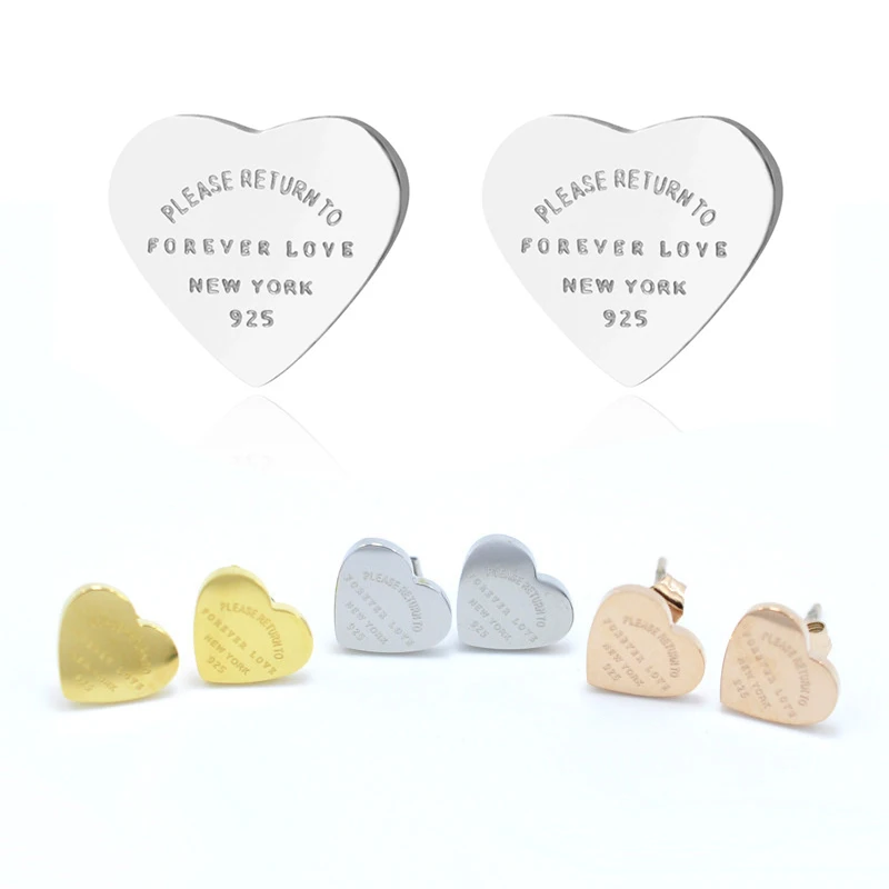 New 316L Stainless Steel Earrings with Heart Forever Love Simple Style Stud Gold Plating Fashion Jewelry for Women Wedding Gifts