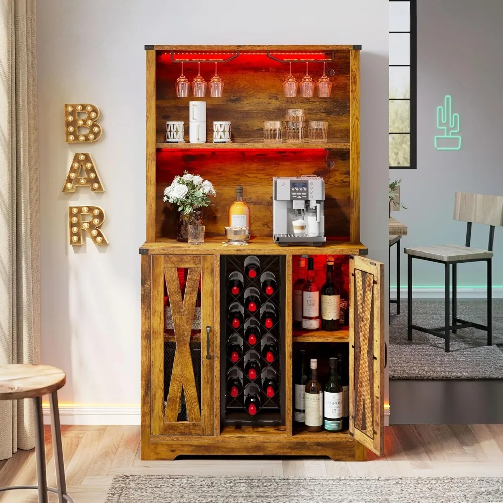 Armoire de bar à vin avec lumières LED, ferme française, armoire à café, étagères réglables, armoire de rangement de cuisine, 65 po