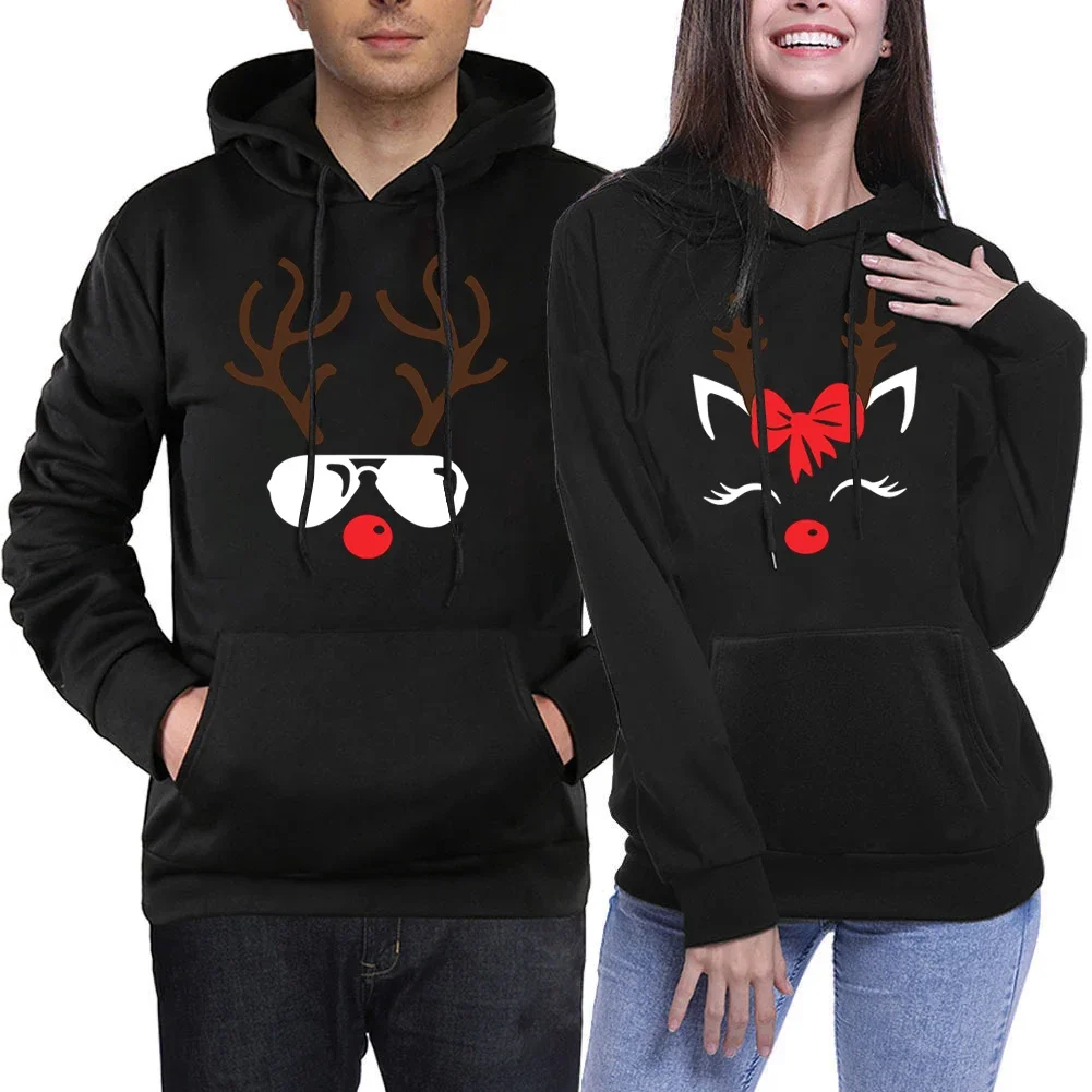 

Couple Matching Hoodie with Christmas Elements Cute and Cool Elk Antlers Women Men Sweatshirts Pullover Long Sleeves Lover Tops