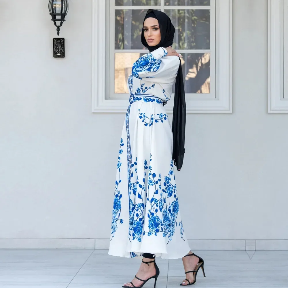 

Muslim Women Floral Print Abaya Long Maxi Dress Tuekey Kaftan Dubai Arab Robe with Belted Ramadan Robe Islamic Jalabiya Eid Gown