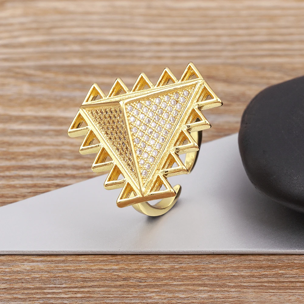 Nidin New Arrival Vintage Egypt Pyramid Gold Plated Zircon Ring Punk Style Triangle Opening Adjustable Party Jewelry Gifts