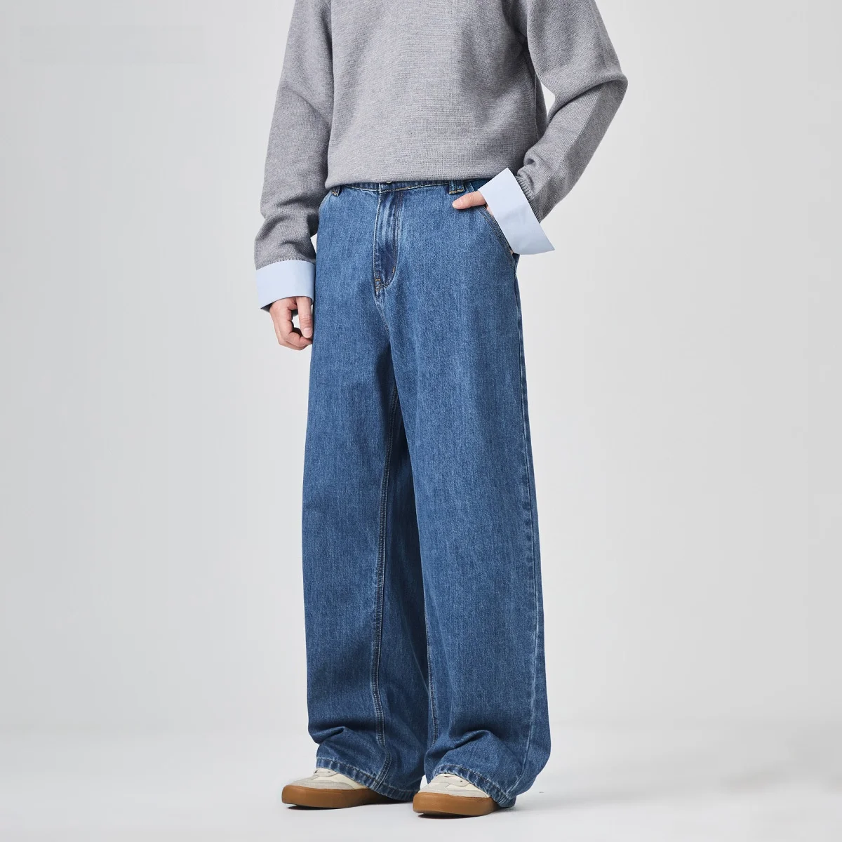 

American Style Loose Fit Extended Length Jeans Men's Casual Straight Leg Blue Denim Trousers for Youth Street Fashion