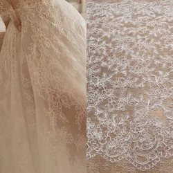 130CM Wide Embroidery on Lace Base Off White Colour Wedding Dress Fabric Material 2025 Latest Designs