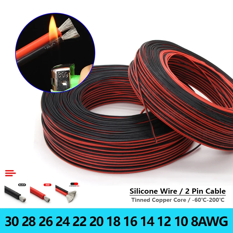 1~10m Flexible Silicone Cable Red Black Car Battery Wiring 30 28 26 24 22 20 18 16 14 12 10 8AWG Heat-resistant 2 Pin Wire