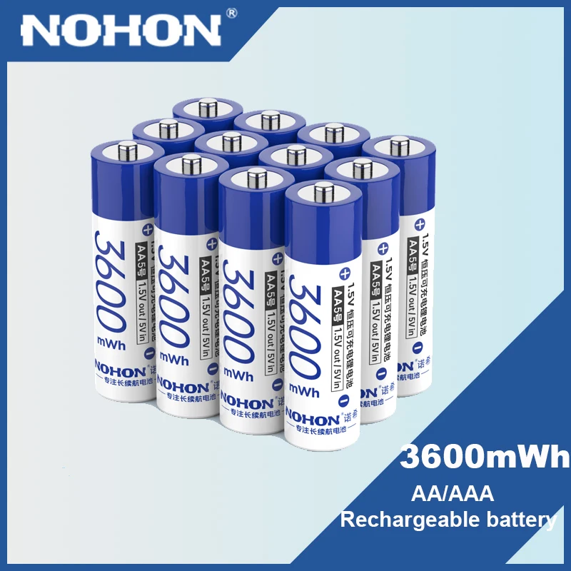 NOHON 1.5V AA Rechargeable Battery 3600 mWh Li-ion Battery For Remote Control Mouse Electric Toy Battery AAA 1300mWh Battery