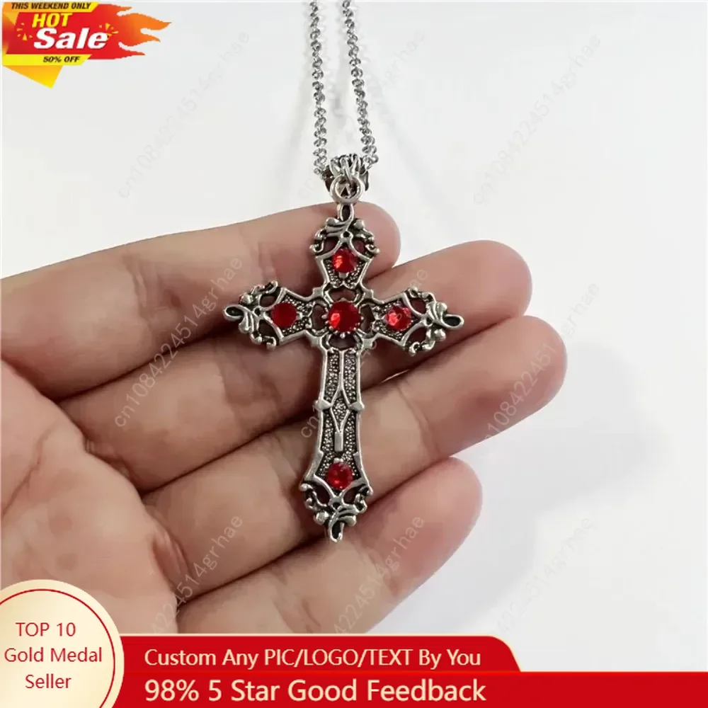 

Simple Fashion Cross Gothic Baroque Christian Cross Pendant Necklace Micro-set Red Crystal Prayer Amulet Gift PendantAccessories