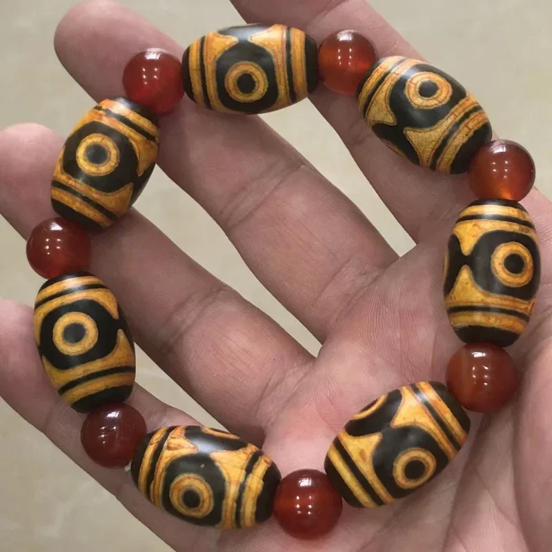 Tibetan Retro Old Tooth Yellow Three Eyes Dzi Agate Bracelet Tibet Old Agate Barrel Beads Ornament