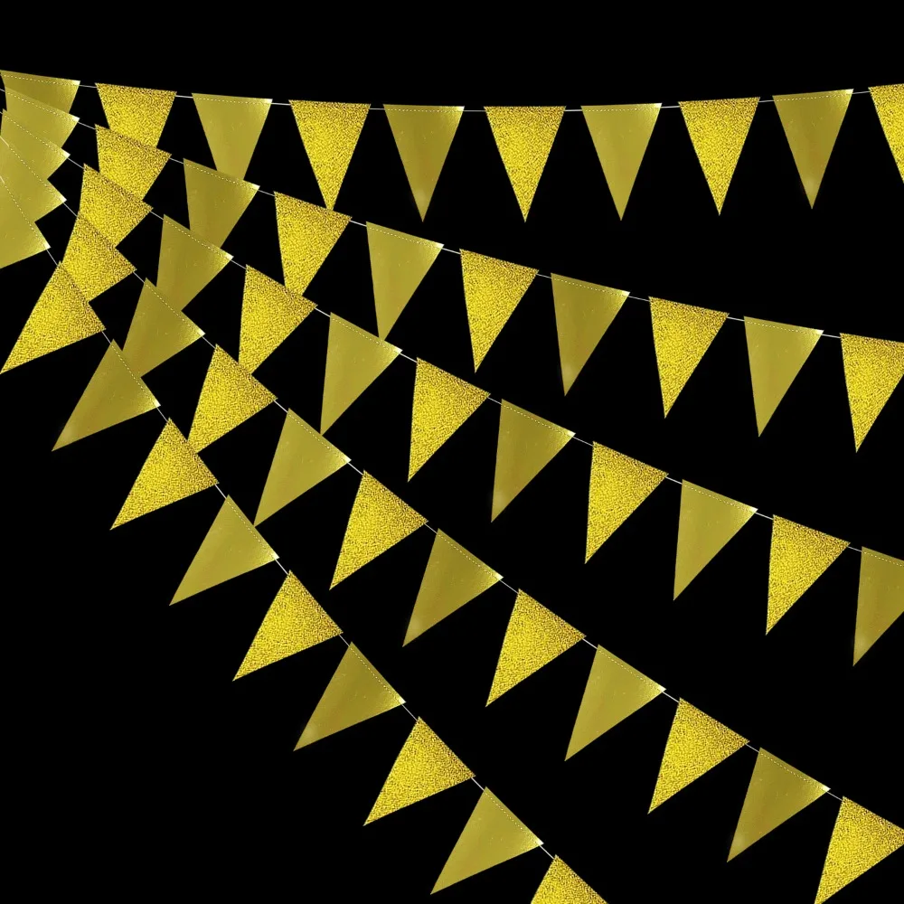Gold Birthday Party Decorations Triangle Pennant Banners Hanging Paper Flags Buntings for Graduation Wedding Xmas Party Supplies
