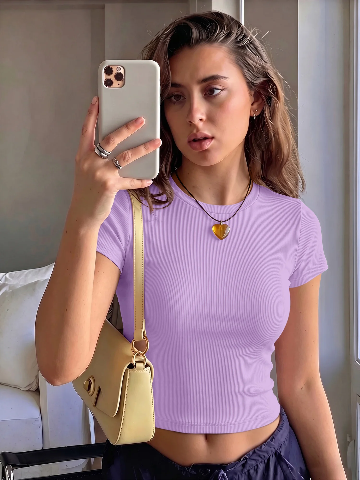 Soft‑Touch Ribbed Cropped Short‑Sleeve Top, Stretchy Crew‑Neck Tee for Coastal Strolls and Weekend Getaway Trips