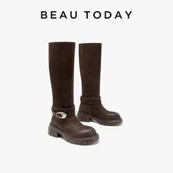 BEAUTODAY Knee High Boots Women Cow Leather Round Toe Solid Color Thick Heel Belt Buckle Retro Knight Tube Boots Handmade 01610