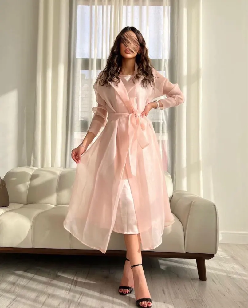 Verngo Baby Pink Two Pieces Organza Evening Party Dresses With Coat Long Sleeves Tea Length Formal Party Occasion Cloth Outfit