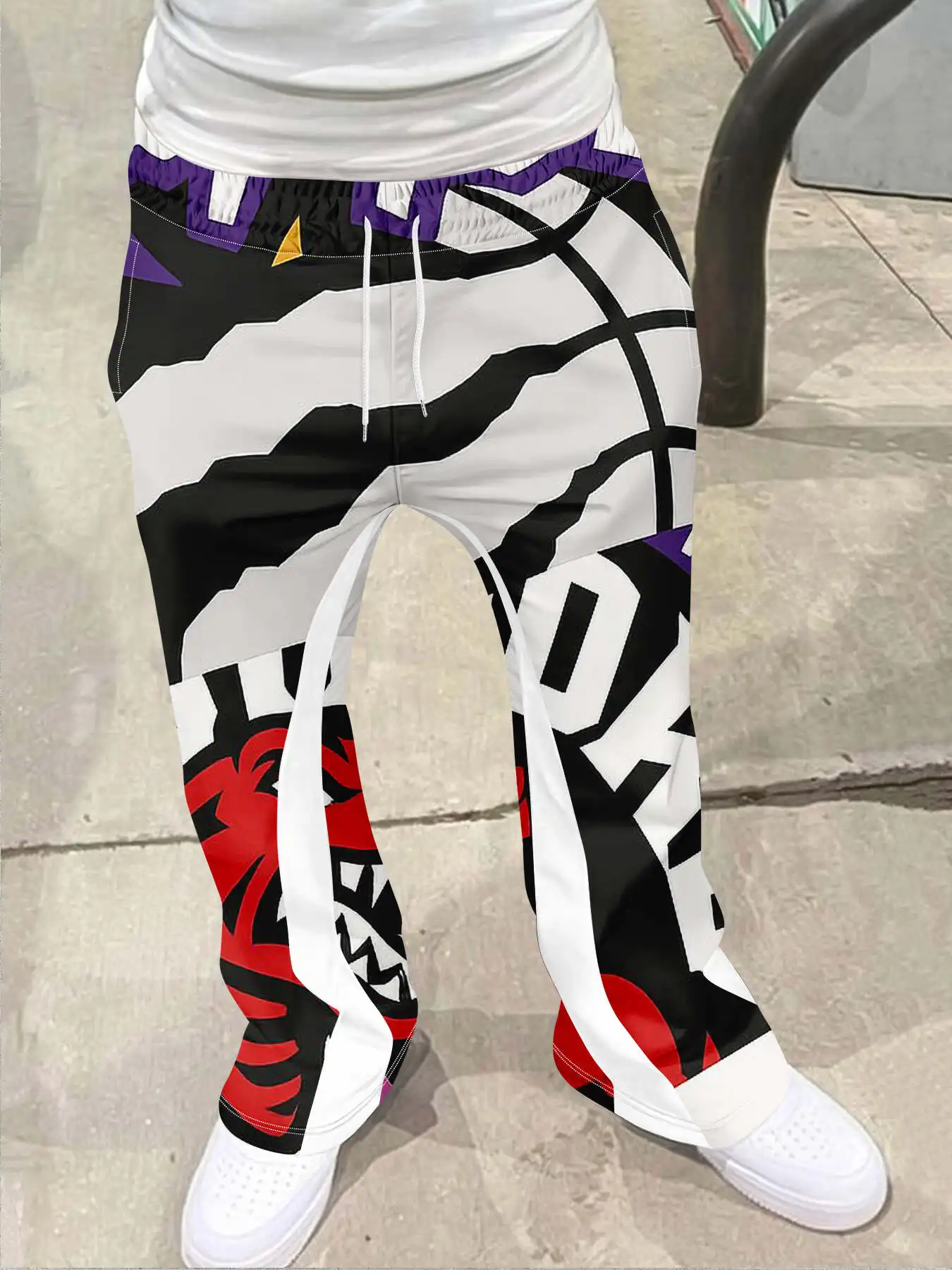 

Sweatpants Men Pants Men's Casual Street Style Trendy Cross Print Fashionable Slightly Flared Black and White Color-Block Design