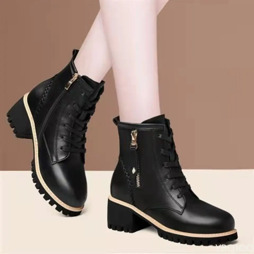 Women Shoes Boots Ankle 2023 Autumn British Wind Genuine Leather Thick With Fur Ladies Short Boots Motorcycle