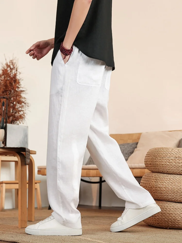 

00% Pure Linen Pants Men's Summer Loose Straight Leg Pants Drapey Full Linen Casual Wide Leg Long Pants Breathable Thin