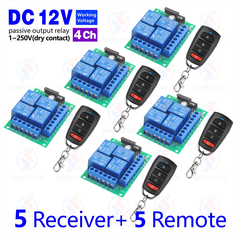433 Mhz Universal Drahtlose Fernbedienung Licht Schalter DC 12 V 4CH RF Relais Empfänger 60 m Reichweite für Licht/Garage Tür/LED DIY