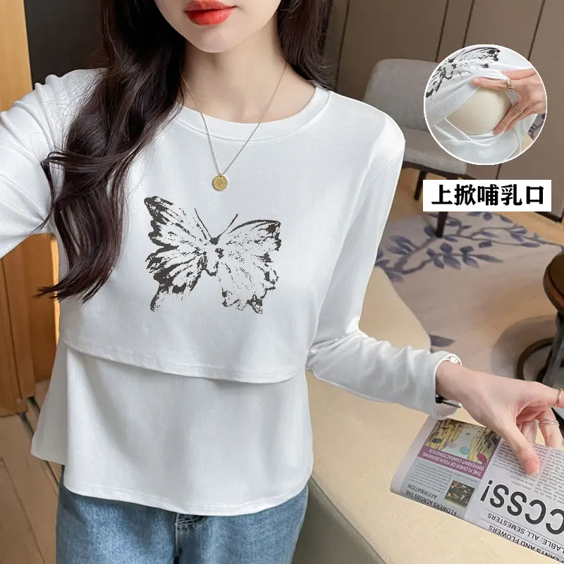 

Autumn/Winter Long-Sleeve Nursing T-Shirt with Butterfly Print - Versatile & Slim-Fit Pure Cotton Breastfeeding Top Postportum