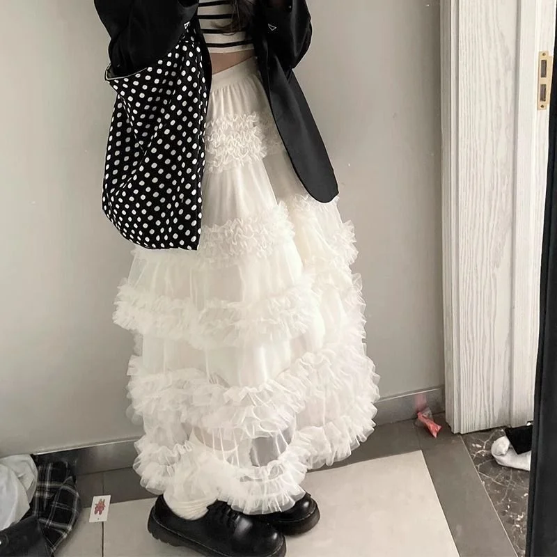 Sweet White Puffy Tulle Skirt Women's 2025 Spring Summer New Multi-layer Wood Grain Ruffle Ultra Fairy Cake Half-length Skirt
