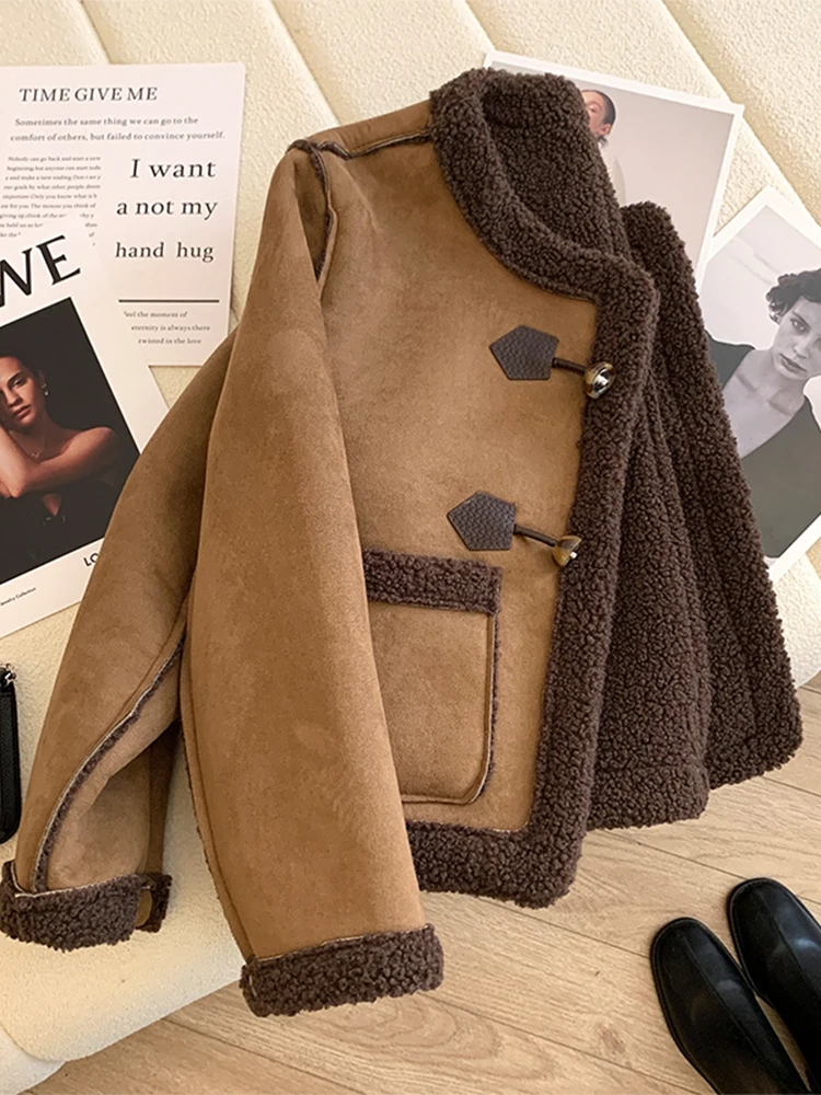 Women\'s Brown Faux Sheepskin Fake Leather Patchwork Jacket Parkas Thicken Warm Fleece Teddy Coat Vintage 2000s Winter Overcoat